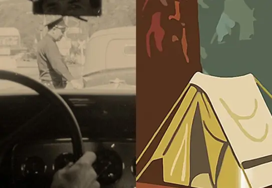 A collage image. On the left, A person in a car looks at a person on the street. On the right, an illustration of a tent in the forest.